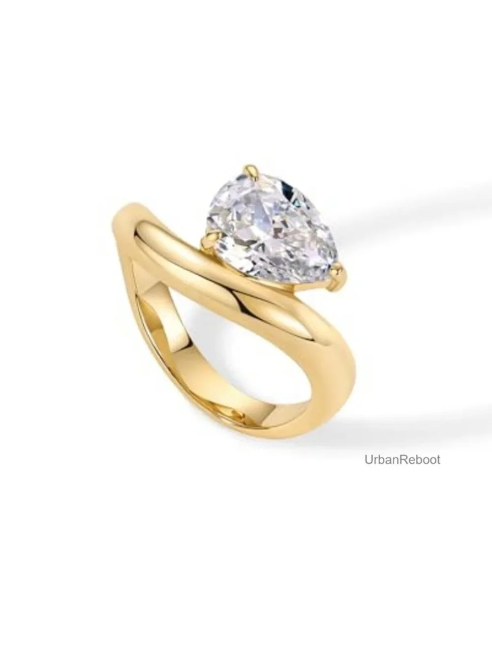 14K Gold Plated Wavy Engagement Ring with Pear Cubic Zirconia Solitaire